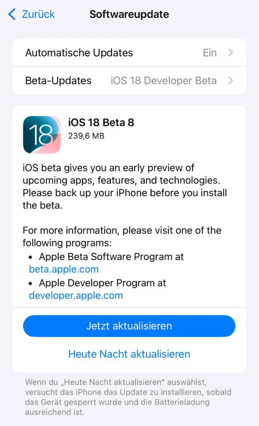 太白苹果手机维修分享苹果 iOS / iPadOS 18 开发者预览版 Beta 8 发布 